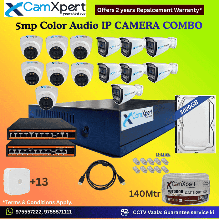 CamXpert 14 IP Camera 5MP Smart IP CCTV Combo Kit | 7 Dome + 7 Bullet Cameras with Audio & Full Color Night Vision | 16CH 8MP NVR | 3000GB HDD | 2 PoE 8+2 | 140m Cat-6 | RJ45, Camera Boxes, HDMI | FREE Installation