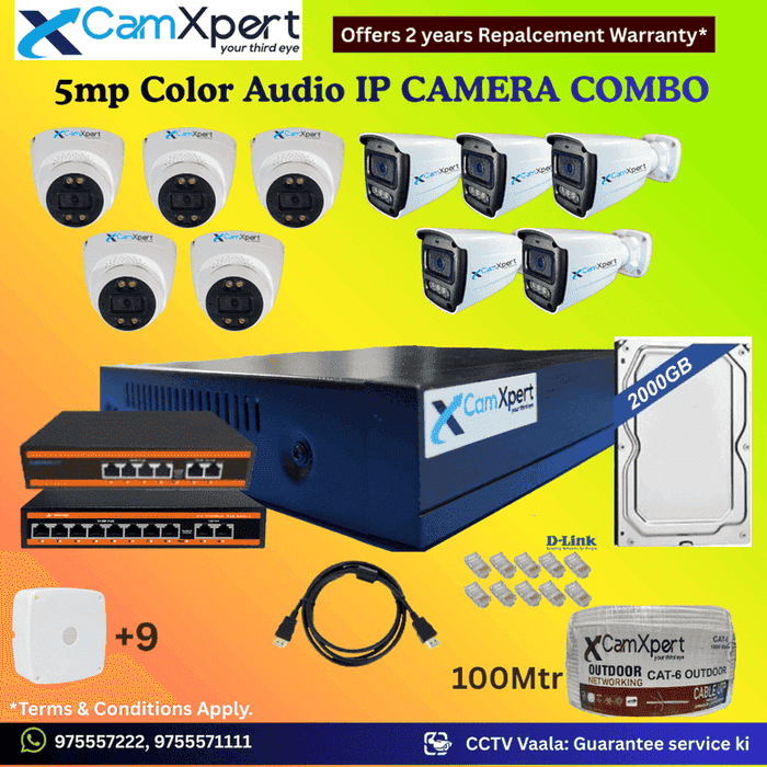 CamXpert 10 IP Camera 5MP Smart IP CCTV Combo Kit | 5 Dome + 5 Bullet Cameras with Audio & Full Color Night Vision | 10CH 8MP NVR | 2000GB HDD | PoE 8+2 + PoE 4+2 | 100m Cat-6 | RJ45, Camera Boxes, HDMI | FREE Installation