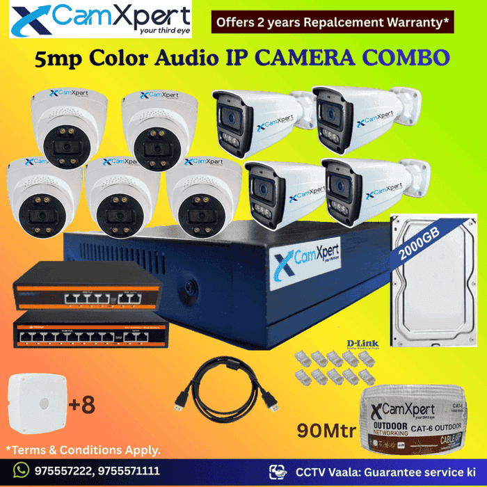 CamXpert 9 IP Camera 5MP Smart IP CCTV Combo Kit | 5 Dome + 4 Bullet Cameras with Audio & Full Color Night Vision | 10CH 8MP NVR | 2000GB HDD | PoE 8+2 + PoE 4+2 | 90m Cat-6 | RJ45, Camera Boxes, HDMI | FREE Installation