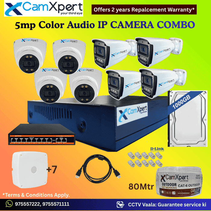 CamXpert 8 IP Camera 5MP Smart IP CCTV Combo Kit | 4 Dome + 4 Bullet Cameras with Audio & Full Color Night Vision | 10CH 8MP NVR | 1000GB HDD | PoE 8+2 | 80m Cat-6 | RJ45, Camera Boxes, HDMI | FREE Installation