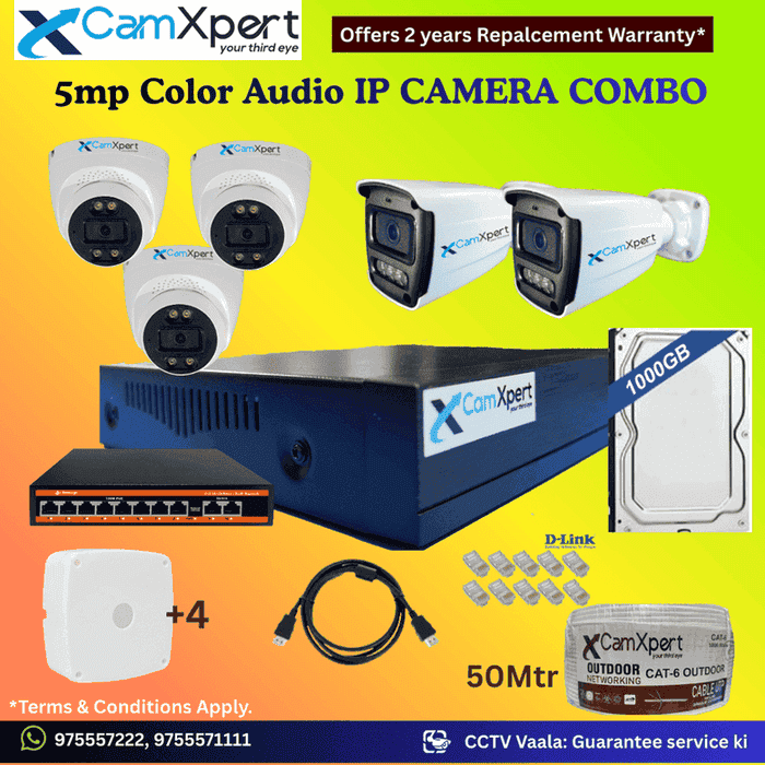 CamXpert 5 IP Camera 5MP Smart IP CCTV Combo Kit | 3 Dome + 2 Bullet Cameras with Audio & Full Color Night Vision | 10CH 8MP NVR | 1000GB HDD | PoE 8+2 | 50m Cat-6 | RJ45, Camera Boxes, HDMI | FREE Installation