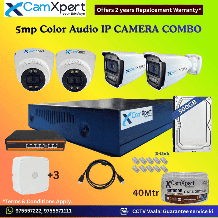 CamXpert 4 IP Camera 5MP Smart IP CCTV Combo Kit | 2 Dome + 2 Bullet Cameras with Audio & Full Color Night Vision | 10CH 8MP NVR | 500GB HDD | PoE 4+2 | 40m Cat-6 | RJ45, Camera Boxes, HDMI | FREE Installation