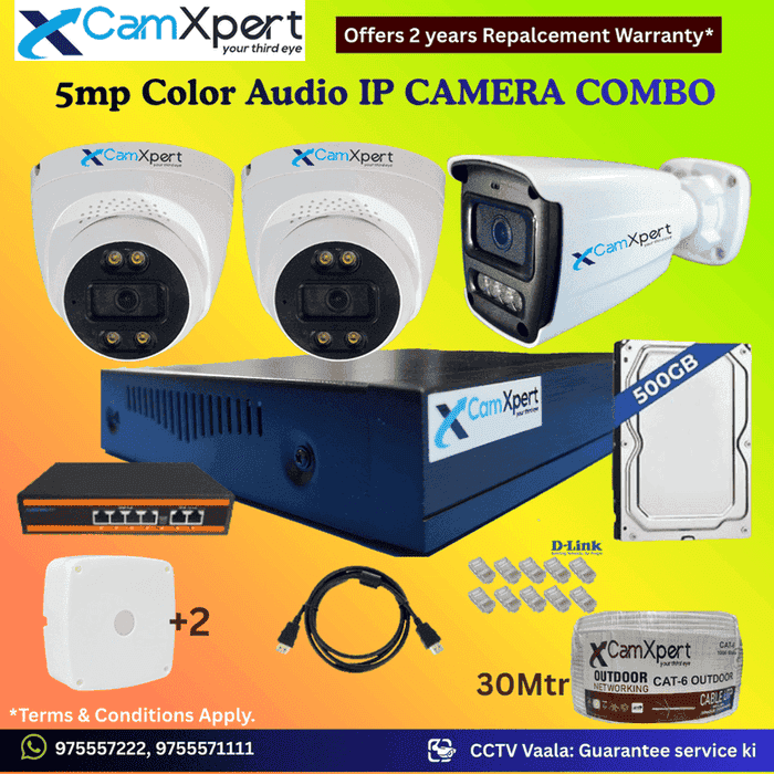 CamXpert 3 IP Camera 5MP Smart IP CCTV Combo Kit | 2 Dome + 1 Bullet Cameras with Audio & Full Color Night Vision | 10CH 8MP NVR | 500GB HDD | PoE 4+2 | 30m Cat-6 | RJ45, Camera Boxes, HDMI | FREE Installation