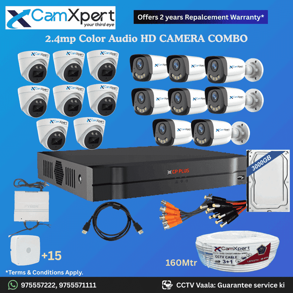 CamXpert 16 HD Camera Full HD 2.4MP CCTV Combo Kit | 8 Dome + 8 Bullet Cameras with Audio & Full Color Night Vision | 16CH 5MP XVR | 3000GB HDD | Power Supply | 160m 3+1 CCTV Cable | BNC, DC, Camera Boxes, HDMI | FREE Installation