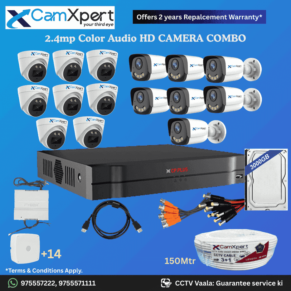 CamXpert 15 HD Camera Full HD 2.4MP CCTV Combo Kit | 8 Dome + 7 Bullet Cameras with Audio & Full Color Night Vision | 16CH 5MP XVR | 3000GB HDD | Power Supply | 150m 3+1 CCTV Cable | BNC, DC, Camera Boxes, HDMI | FREE Installation