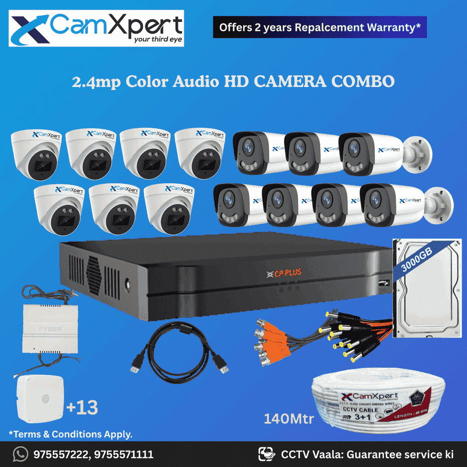 CamXpert 14 HD Camera Full HD 2.4MP CCTV Combo Kit | 7 Dome + 7 Bullet Cameras with Audio & Full Color Night Vision | 16CH 5MP XVR | 3000GB HDD | Power Supply | 140m 3+1 CCTV Cable | BNC, DC, Camera Boxes, HDMI | FREE Installation