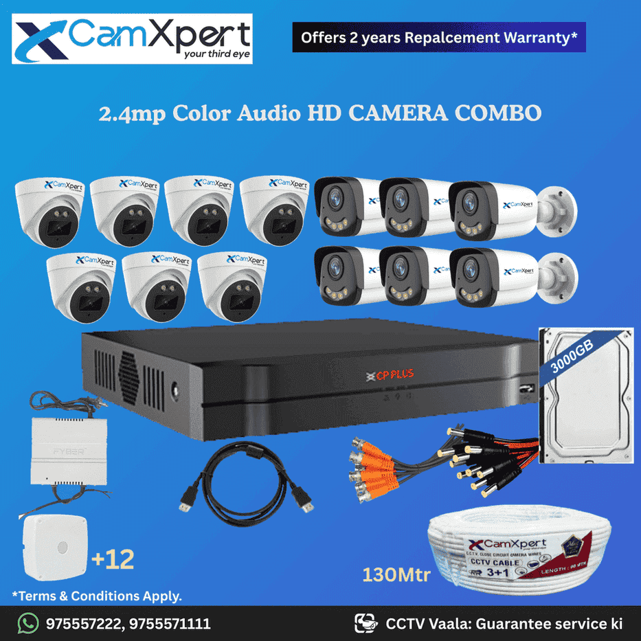 CamXpert 13 HD Camera Full HD 2.4MP CCTV Combo Kit | 7 Dome + 6 Bullet Cameras with Audio & Full Color Night Vision | 16CH 5MP XVR | 3000GB HDD | Power Supply | 130m 3+1 CCTV Cable | BNC, DC, Camera Boxes, HDMI | FREE Installation