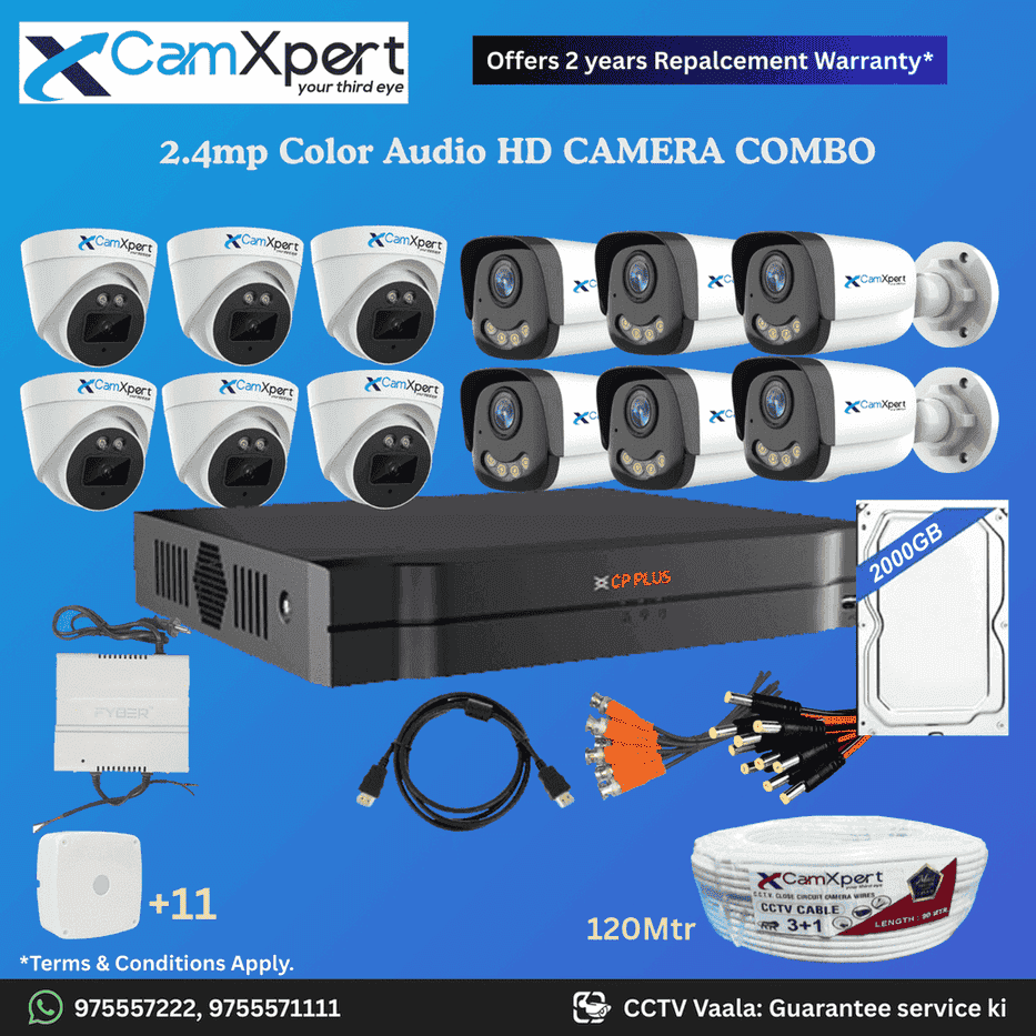 CamXpert 12 HD Camera Full HD 2.4MP CCTV Combo Kit | 6 Dome + 6 Bullet Cameras with Audio & Full Color Night Vision | 16CH 5MP XVR | 2000GB HDD | Power Supply | 120m 3+1 CCTV Cable | BNC, DC, Camera Boxes, HDMI | FREE Installation