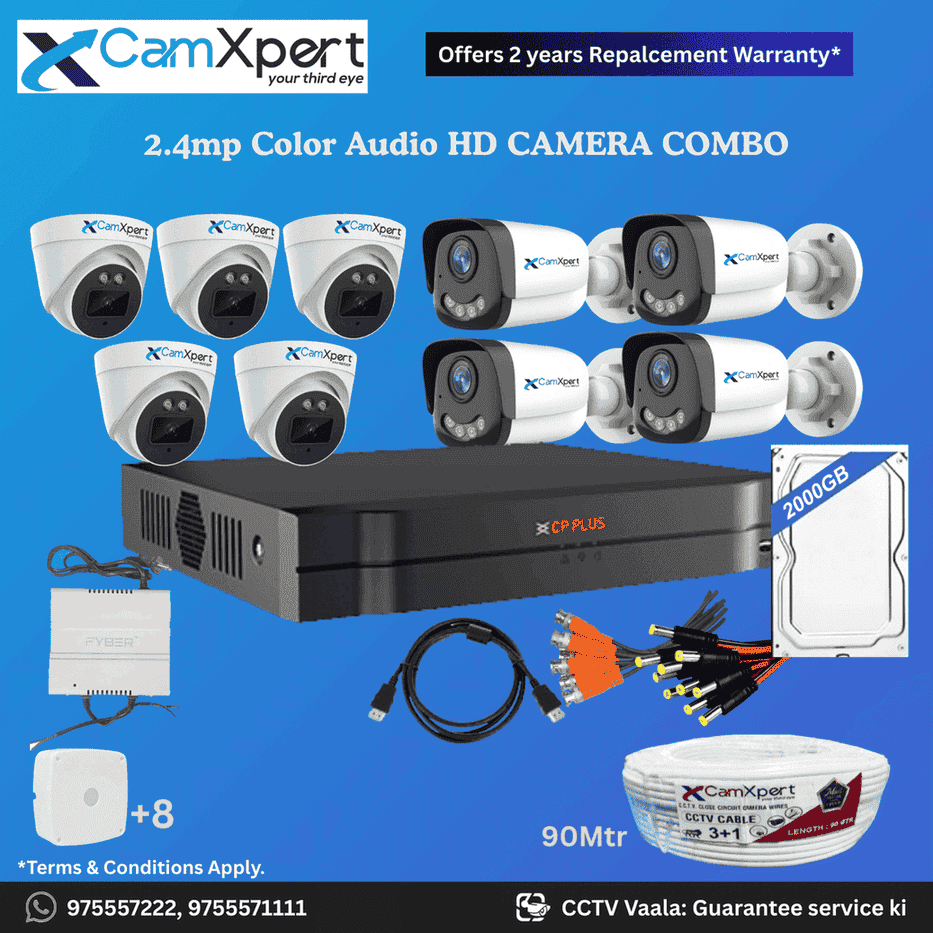 CamXpert 9 HD Camera Full HD 2.4MP CCTV Combo Kit | 5 Dome + 4 Bullet Cameras with Audio & Full Color Night Vision | 16CH 5MP XVR | 2000GB HDD | Power Supply | 90m 3+1 CCTV Cable | BNC, DC, Camera Boxes, HDMI | FREE Installation