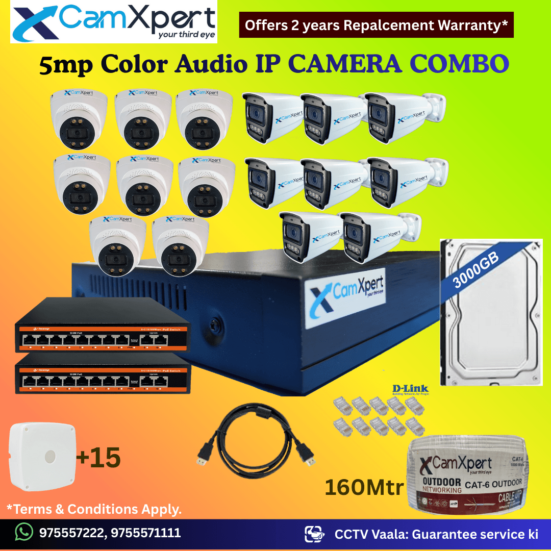 CamXpert 16 IP Camera 5MP Smart IP CCTV Combo Kit | 8 Dome + 8 Bullet Cameras with Audio & Full Color Night Vision | 16CH 8MP NVR | 3000GB HDD | 2 PoE 8+2 | 160m Cat-6 | RJ45, Camera Boxes, HDMI | FREE Installation