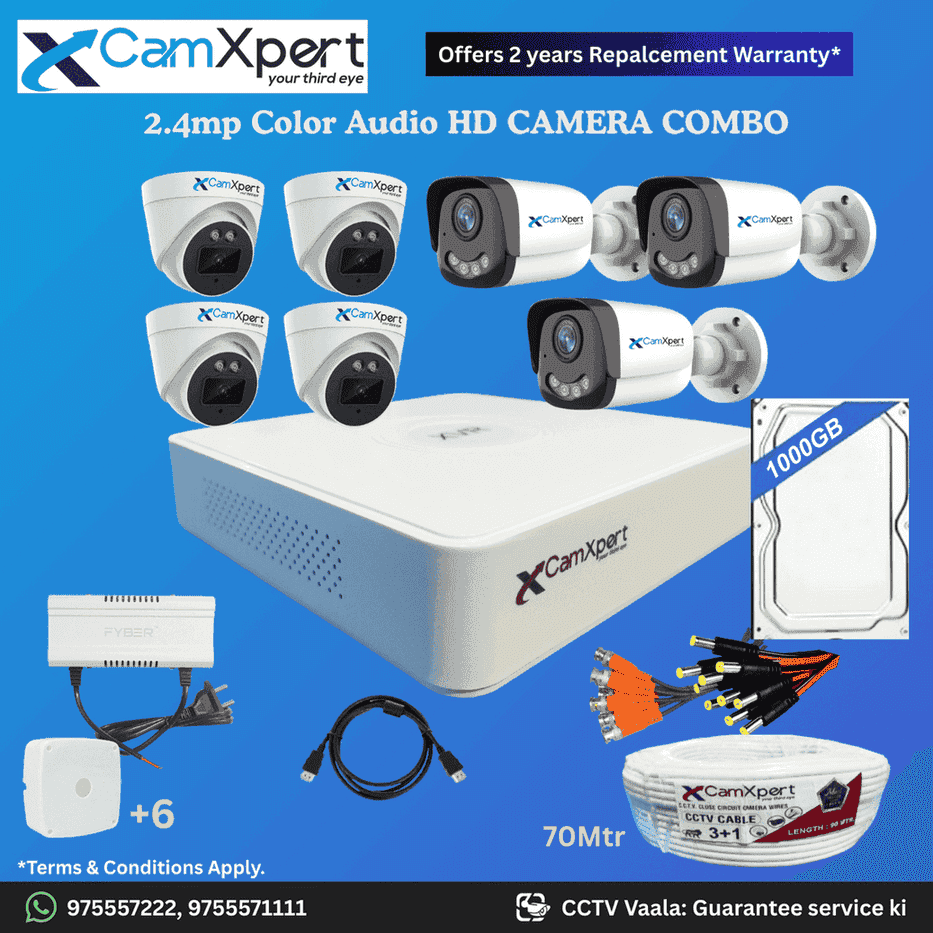 CamXpert 7 HD Camera Full HD 2.4MP CCTV Combo Kit | 4 Dome + 3 Bullet Cameras with Audio & Full Color Night Vision | 8CH 5MP XVR | 1000GB HDD | Power Supply | 70m 3+1 CCTV Cable | BNC, DC, Camera Boxes, HDMI | FREE Installation