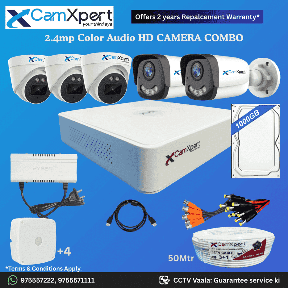 CamXpert 5 HD Camera Full HD 2.4MP CCTV Combo Kit | 3 Dome + 2 Bullet Cameras with Audio & Full Color Night Vision | 8CH 5MP XVR | 1000GB HDD | Power Supply | 50m 3+1 CCTV Cable | BNC, DC, Camera Boxes, HDMI | FREE Installation
