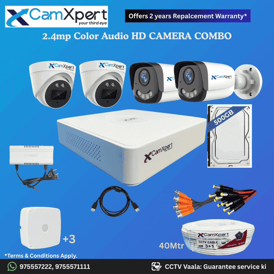 CamXpert 4 HD Camera Full HD 2.4MP CCTV Combo Kit | 2 Dome + 2 Bullet Cameras with Audio & Full Color Night Vision | 4CH 5MP XVR | 500GB HDD | Power Supply | 40m 3+1 CCTV Cable | BNC, DC, Camera Boxes, HDMI | FREE Installation
