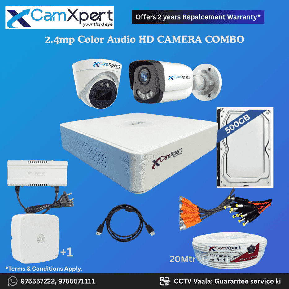 CamXpert 2 HD Camera Full HD 2.4MP CCTV Combo Kit | 1 Dome + 1 Bullet Cameras with Audio & Full Color Night Vision | 4CH 5MP XVR | 500GB HDD | Power Supply | 20m 3+1 CCTV Cable | BNC, DC, Camera Boxes, HDMI | FREE Installation