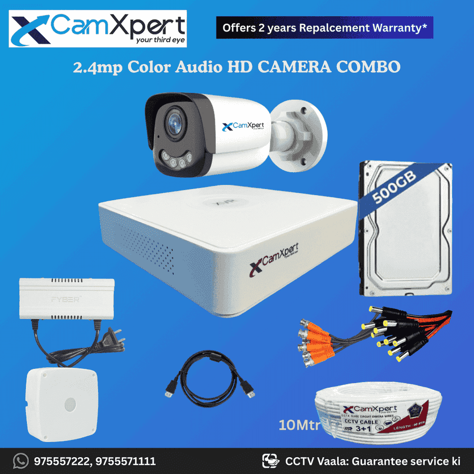 CamXpert 1 HD Camera Full HD 2.4MP CCTV Combo Kit | 1 Bullet Cameras with Audio & Full Color Night Vision | 4CH 5MP XVR | 500GB HDD | Power Supply | 10m 3+1 CCTV Cable | BNC, DC, Camera Boxes, HDMI | FREE Installation