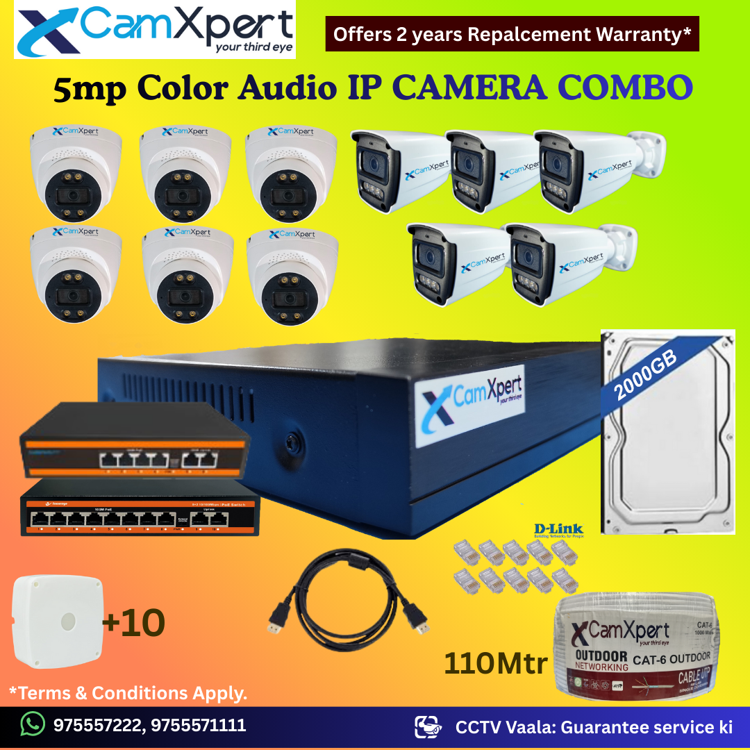 CamXpert 11 IP Camera 5MP Smart IP CCTV Combo Kit | 6 Dome + 5 Bullet Cameras with Audio & Full Color Night Vision | 16CH 8MP NVR | 2000GB HDD | PoE 8+2 + PoE 4+2 | 110m Cat-6 | RJ45, Camera Boxes, HDMI | FREE Installation
