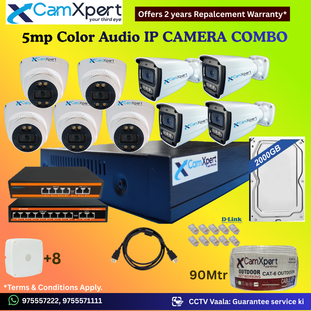 CamXpert 9 IP Camera 5MP Smart IP CCTV Combo Kit | 5 Dome + 4 Bullet Cameras with Audio & Full Color Night Vision | 10CH 8MP NVR | 2000GB HDD | PoE 8+2 + PoE 4+2 | 90m Cat-6 | RJ45, Camera Boxes, HDMI | FREE Installation