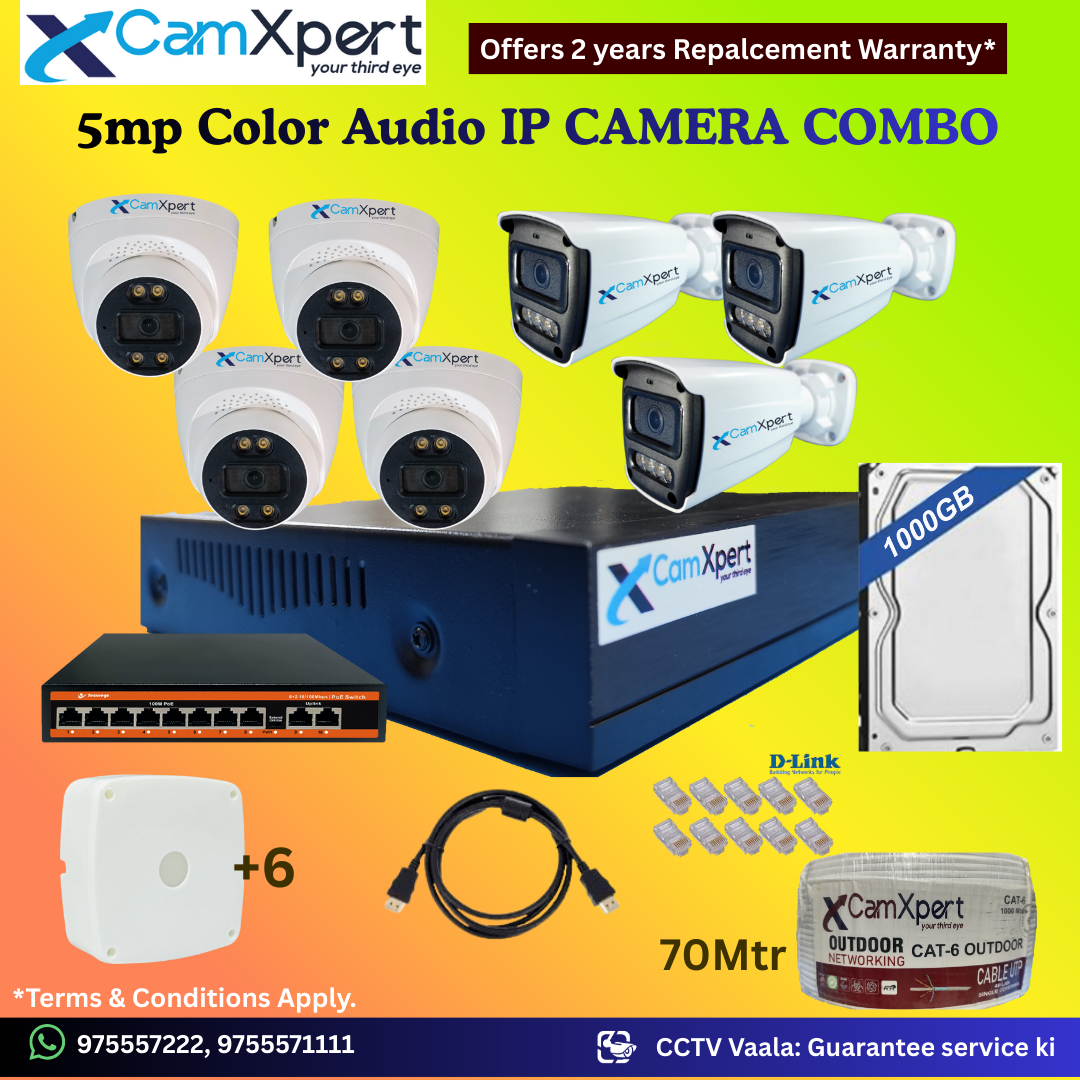 CamXpert 7 IP Camera 5MP Smart IP CCTV Combo Kit | 4 Dome + 3 Bullet Cameras with Audio & Full Color Night Vision | 10CH 8MP NVR | 1000GB HDD | PoE 8+2 | 70m Cat-6 | RJ45, Camera Boxes, HDMI | FREE Installation
