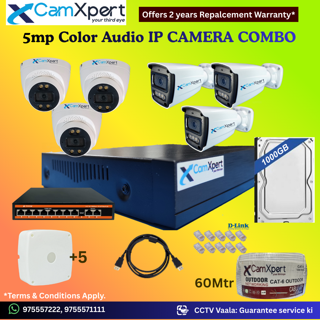 CamXpert 6 IP Camera 5MP Smart IP CCTV Combo Kit | 3 Dome + 3 Bullet Cameras with Audio & Full Color Night Vision | 10CH 8MP NVR | 1000GB HDD | PoE 8+2 | 60m Cat-6 | RJ45, Camera Boxes, HDMI | FREE Installation