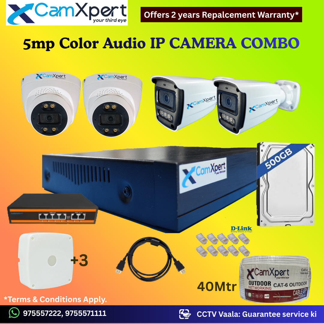 CamXpert 4 IP Camera 5MP Smart IP CCTV Combo Kit | 2 Dome + 2 Bullet Cameras with Audio & Full Color Night Vision | 10CH 8MP NVR | 500GB HDD | PoE 4+2 | 40m Cat-6 | RJ45, Camera Boxes, HDMI | FREE Installation