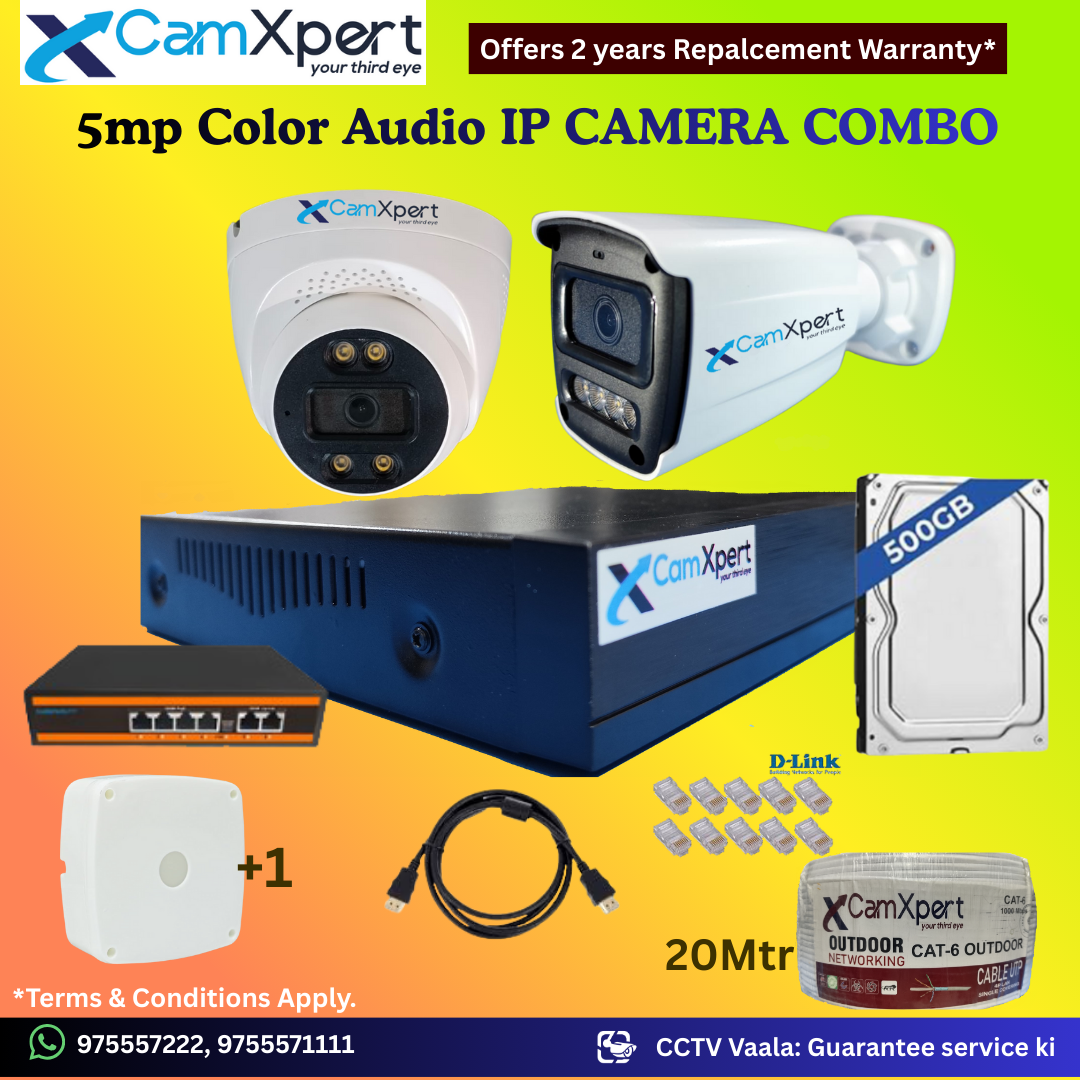 CamXpert 1 IP Camera 5MP Smart IP CCTV Combo Kit | 1 Bullet Cameras with Audio & Full Color Night Vision | 10CH 8MP NVR | 500GB HDD | PoE 4+2 | 10m Cat-6 | RJ45, Camera Boxes, HDMI | FREE Installation