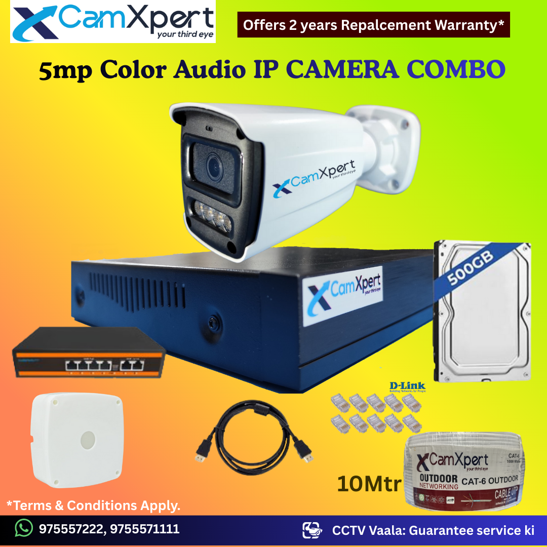 CamXpert 2 IP Camera 5MP Smart IP CCTV Combo Kit | 1 Dome + 1 Bullet Cameras with Audio & Full Color Night Vision | 10CH 8MP NVR | 500GB HDD | PoE 4+2 | 20m Cat-6 | RJ45, Camera Boxes, HDMI | FREE Installation