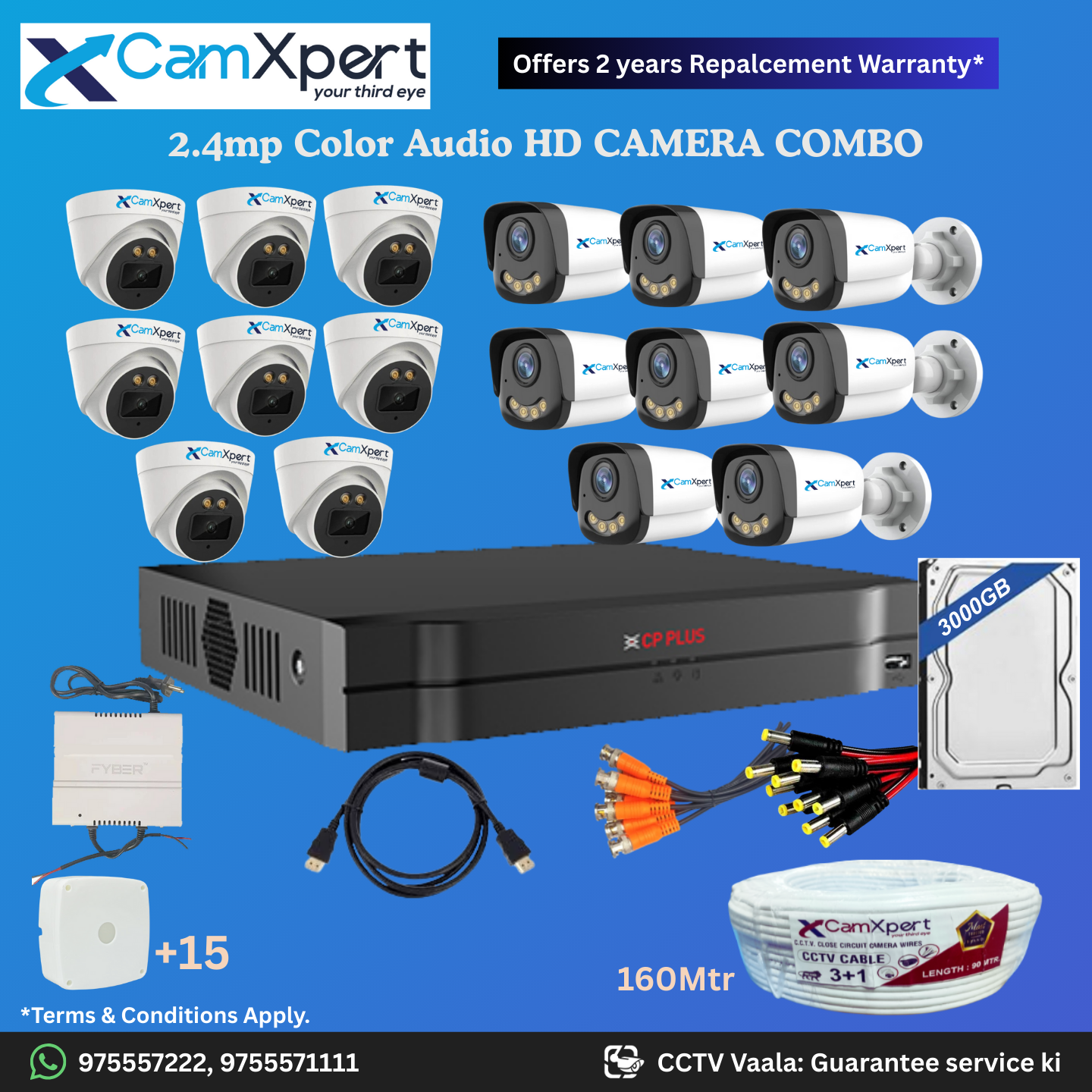 CamXpert 16 HD Camera Full HD 2.4MP CCTV Combo Kit | 8 Dome + 8 Bullet Cameras with Audio & Full Color Night Vision | 16CH 5MP XVR | 3000GB HDD | Power Supply | 160m 3+1 CCTV Cable | BNC, DC, Camera Boxes, HDMI | FREE Installation