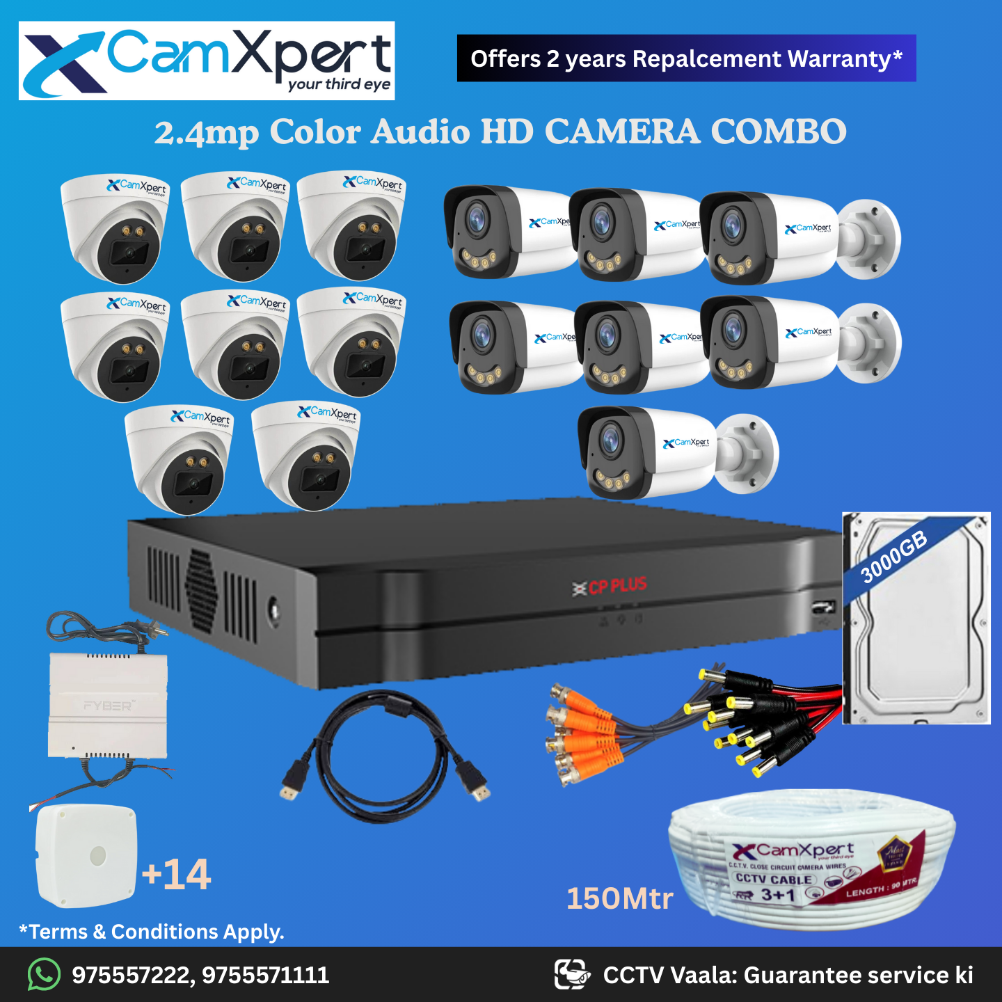 CamXpert 15 HD Camera Full HD 2.4MP CCTV Combo Kit | 8 Dome + 7 Bullet Cameras with Audio & Full Color Night Vision | 16CH 5MP XVR | 3000GB HDD | Power Supply | 150m 3+1 CCTV Cable | BNC, DC, Camera Boxes, HDMI | FREE Installation