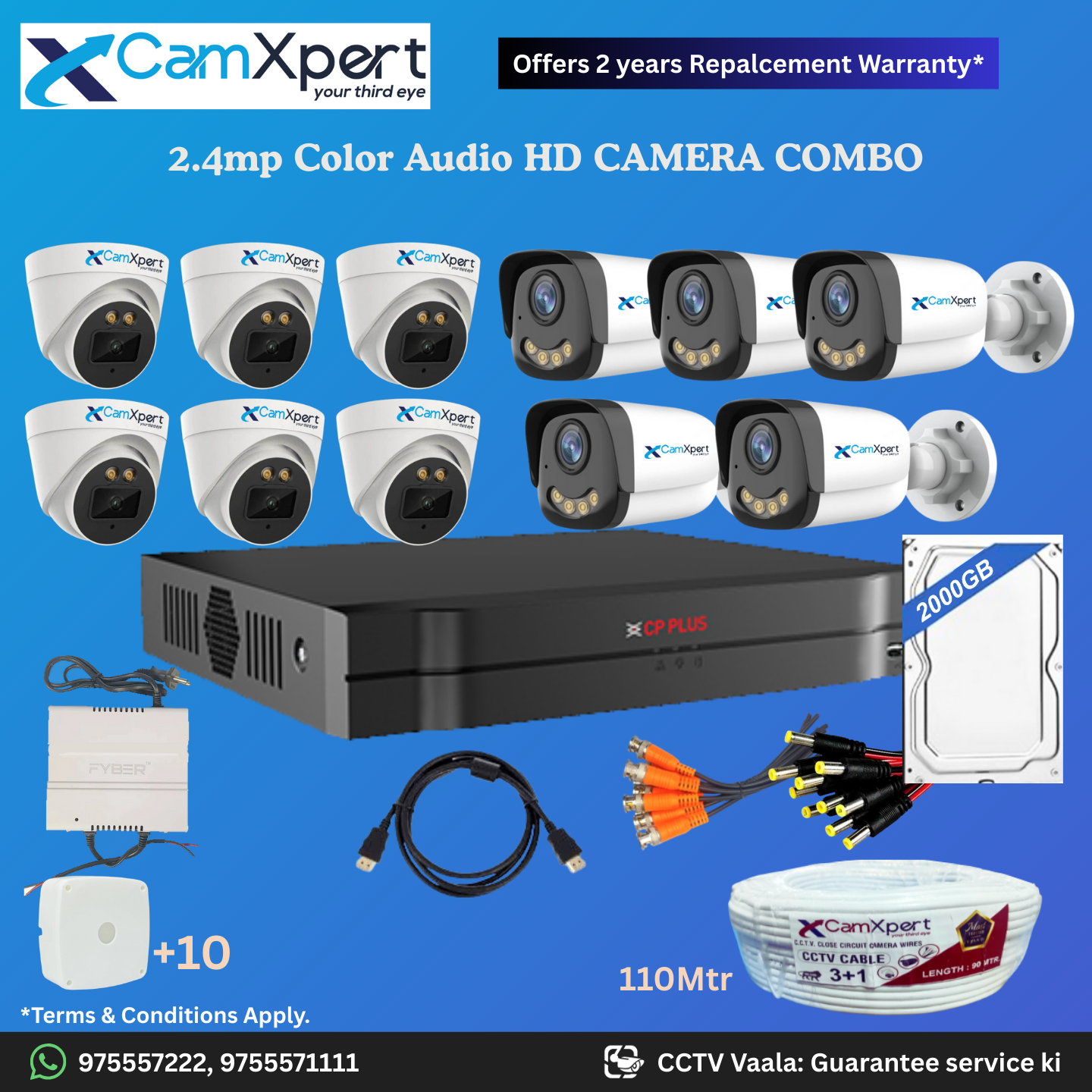 CamXpert 11 HD Camera Full HD 2.4MP CCTV Combo Kit | 6 Dome + 5 Bullet Cameras with Audio & Full Color Night Vision | 16CH 5MP XVR | 2000GB HDD | Power Supply | 110m 3+1 CCTV Cable | BNC, DC, Camera Boxes, HDMI | FREE Installation
