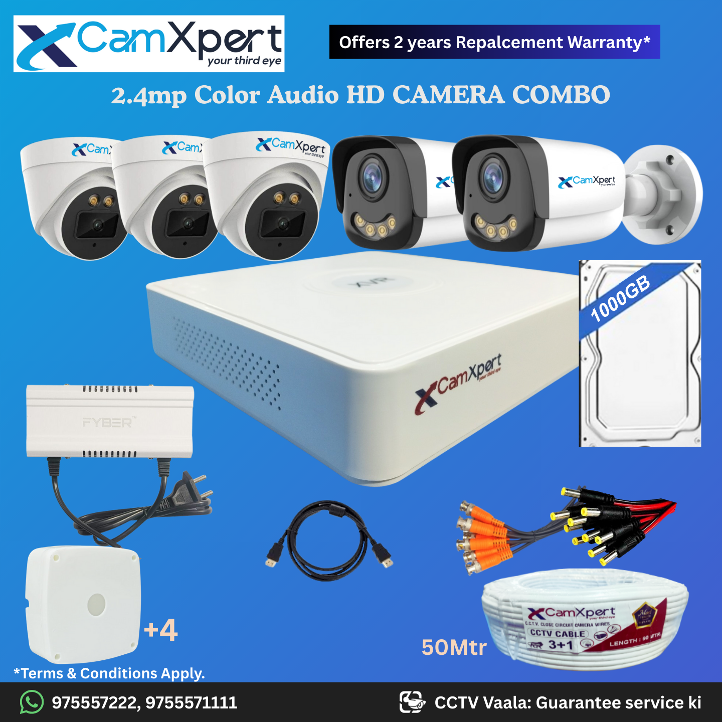 CamXpert 5 HD Camera Full HD 2.4MP CCTV Combo Kit | 3 Dome + 2 Bullet Cameras with Audio & Full Color Night Vision | 8CH 5MP XVR | 1000GB HDD | Power Supply | 50m 3+1 CCTV Cable | BNC, DC, Camera Boxes, HDMI | FREE Installation